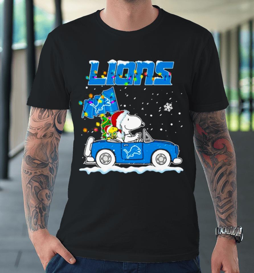 Snoopy And Woodstock Santa Detroit Lions Christmas Lights Premium T-Shirt