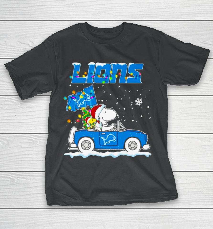 Snoopy And Woodstock Santa Detroit Lions Christmas Lights T-Shirt