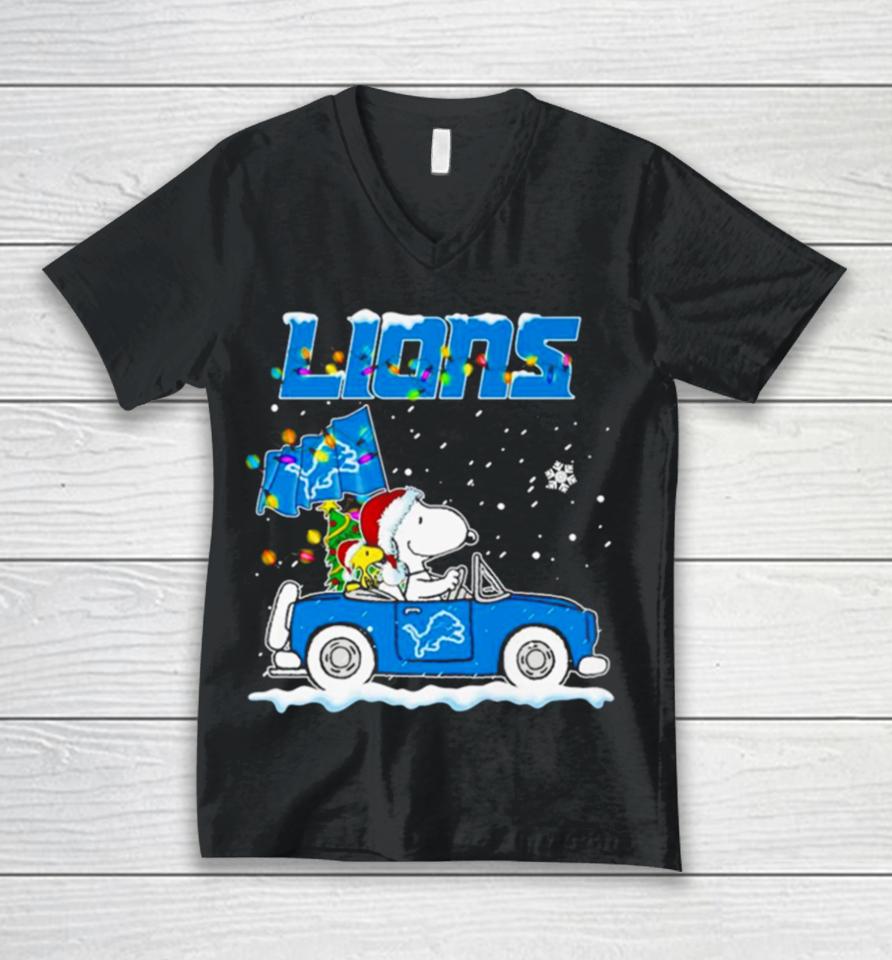 Snoopy And Woodstock Santa Detroit Lions Christmas Lights Unisex V-Neck T-Shirt