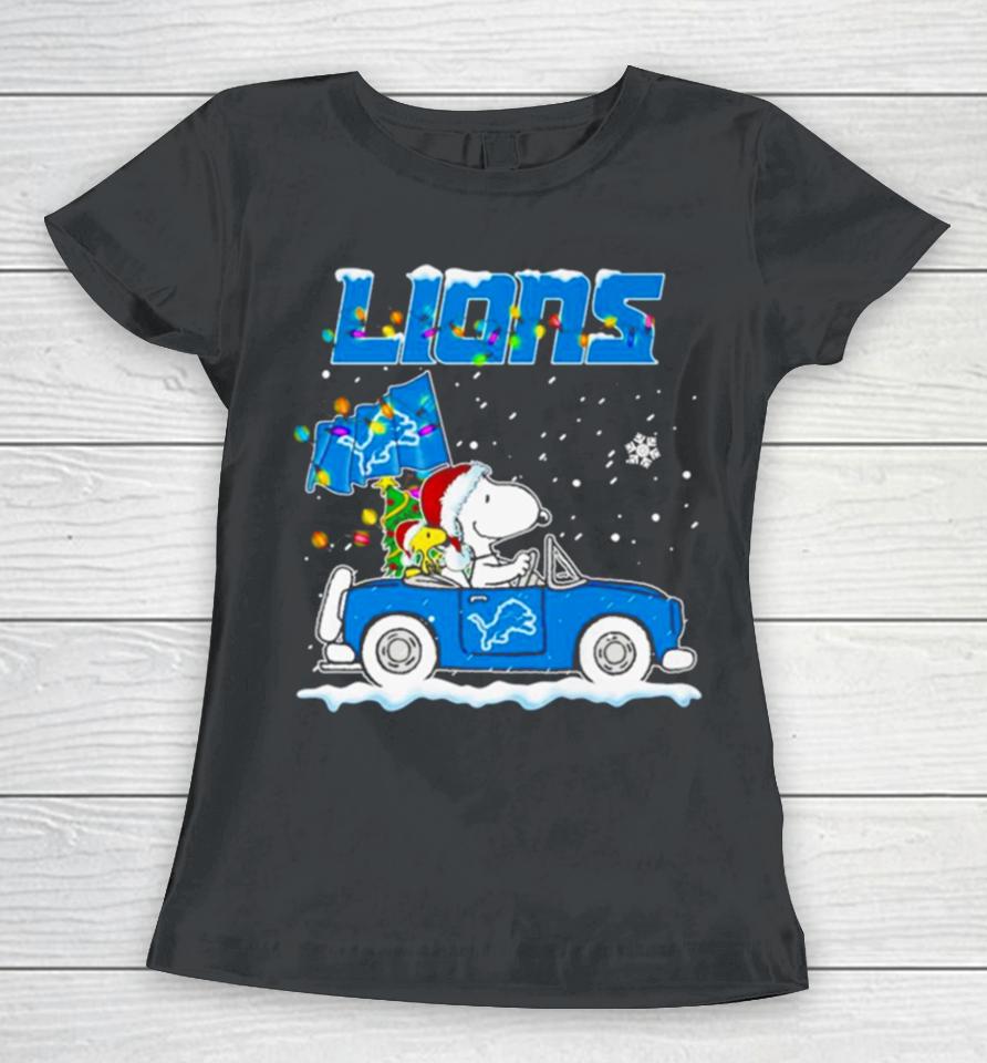 Snoopy And Woodstock Santa Detroit Lions Christmas Lights Women T-Shirt