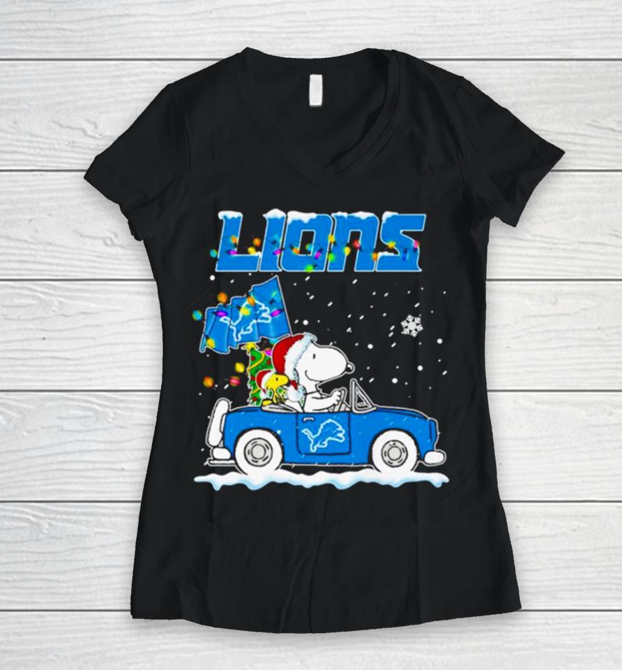 Snoopy And Woodstock Santa Detroit Lions Christmas Lights Women V-Neck T-Shirt