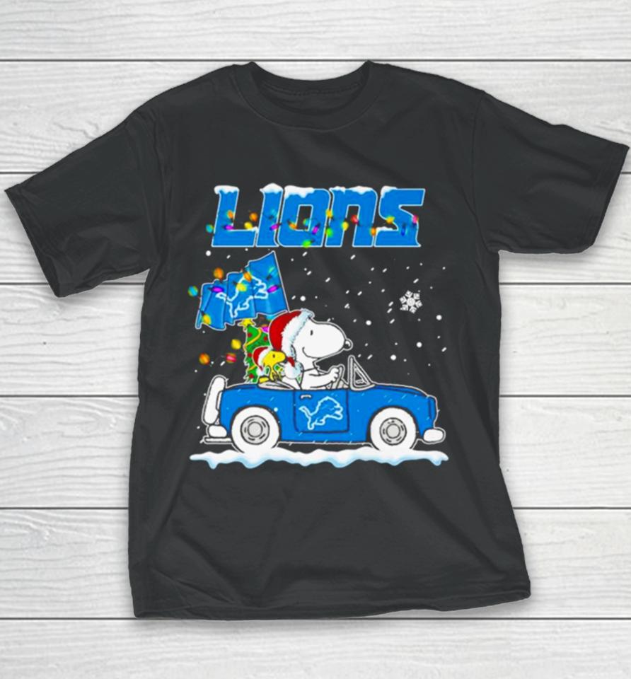 Snoopy And Woodstock Santa Detroit Lions Christmas Lights Youth T-Shirt