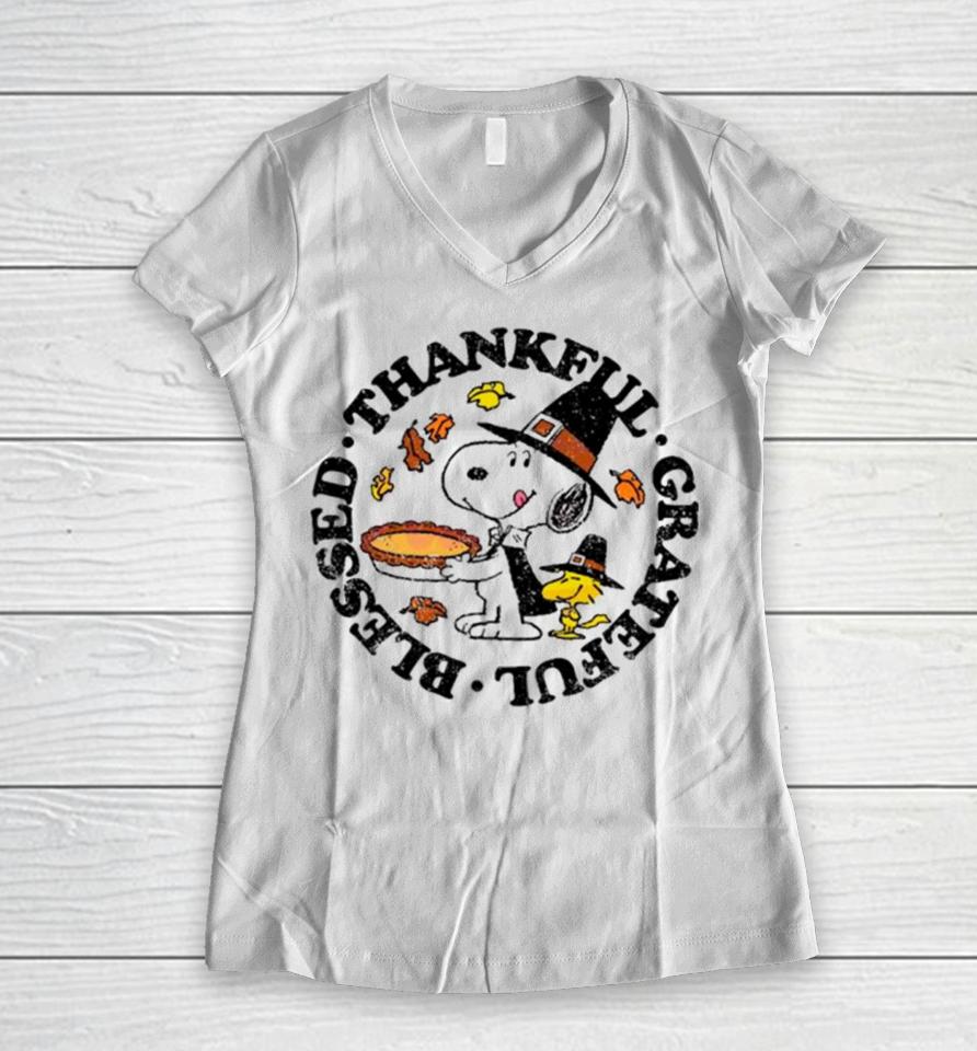 Snoopy And Woodstock Thankful Grateful Blessed Women V-Neck T-Shirt