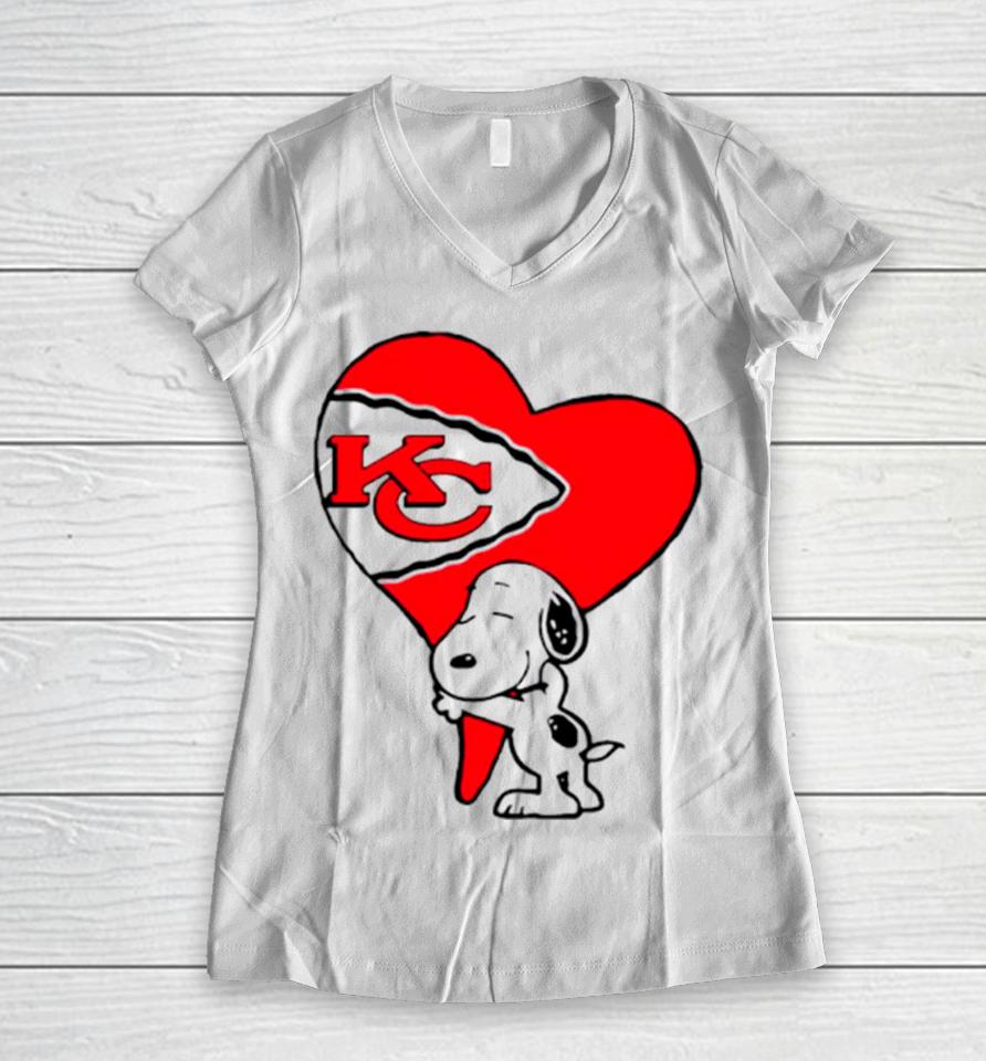 Snoopy Kc Kansas City Chiefs Heart Love Cartoon Football Women V-Neck T-Shirt