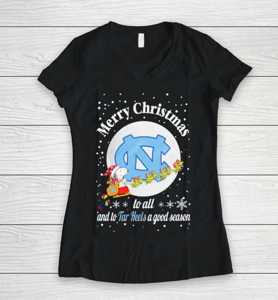 Snoopy Merry Christmas To All And To North Carolina Tar Heels A Good Season Women V-Neck T-Shirt