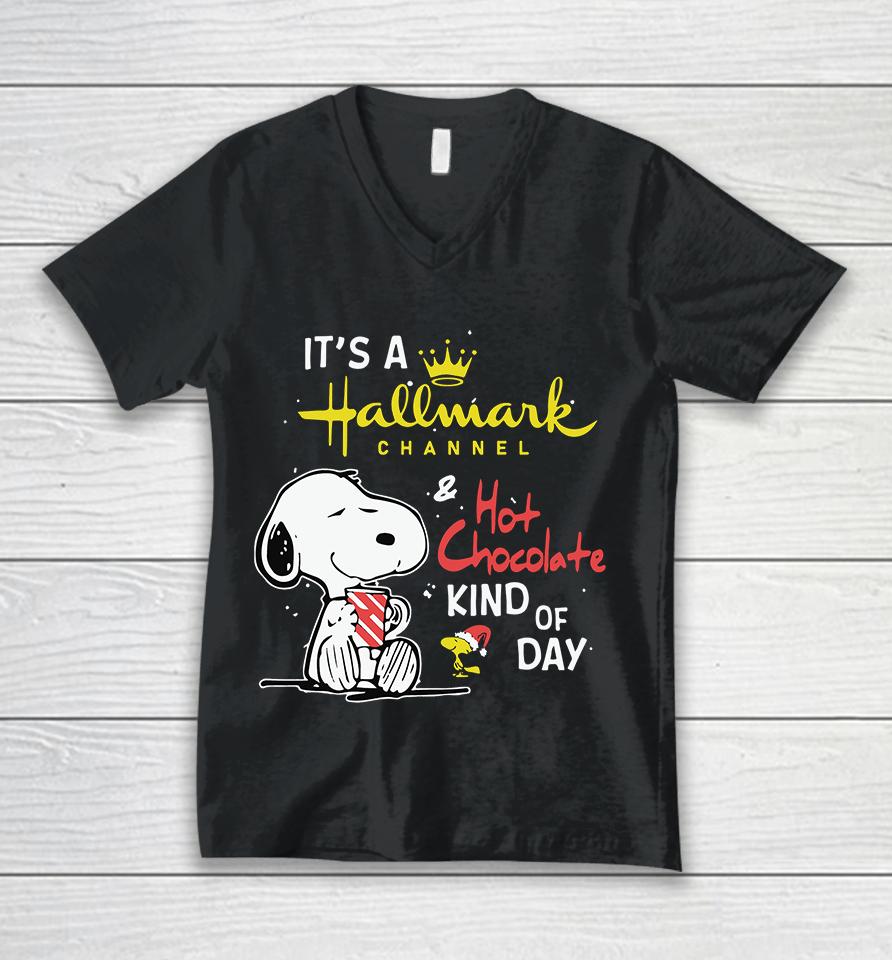 Snoopy Peanuts It Is A Hallmark Channel And Hot Chocolate Kind Of Day Christmas Unisex V-Neck T-Shirt
