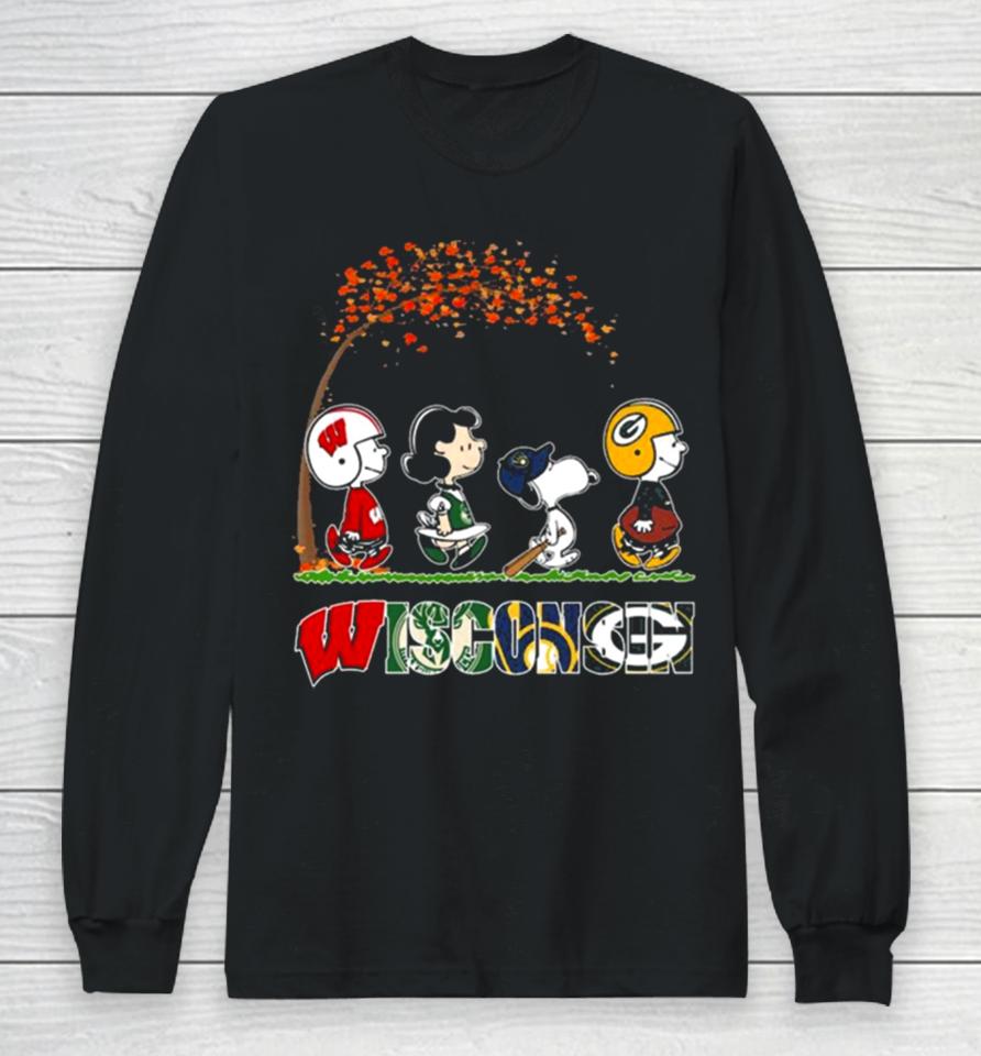 Snoopy Peanuts Loves Fall And Wisconsin Green Bay Packers Milwaukee Bucks Brewers Long Sleeve T-Shirt