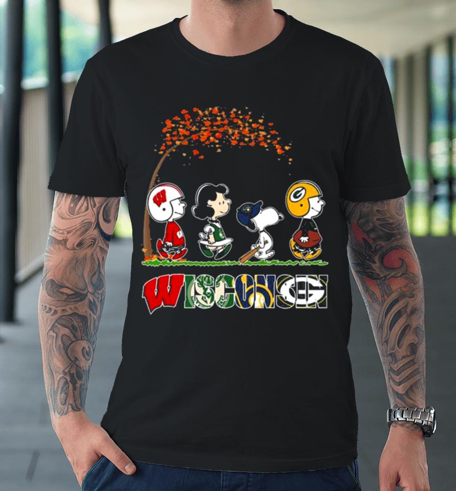 Snoopy Peanuts Loves Fall And Wisconsin Green Bay Packers Milwaukee Bucks Brewers Premium T-Shirt