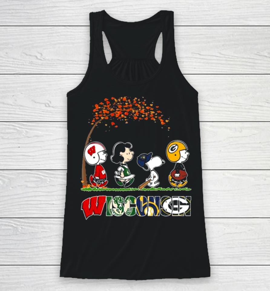 Snoopy Peanuts Loves Fall And Wisconsin Green Bay Packers Milwaukee Bucks Brewers Racerback Tank