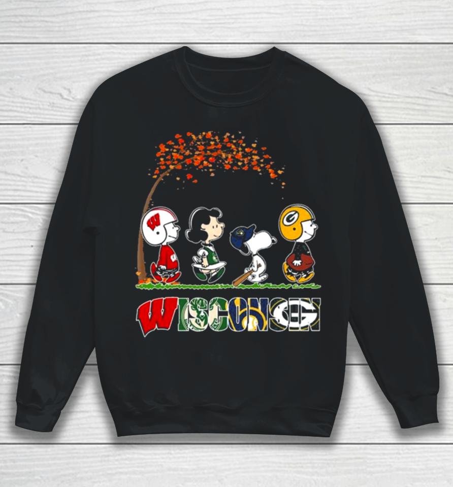 Snoopy Peanuts Loves Fall And Wisconsin Green Bay Packers Milwaukee Bucks Brewers Sweatshirt