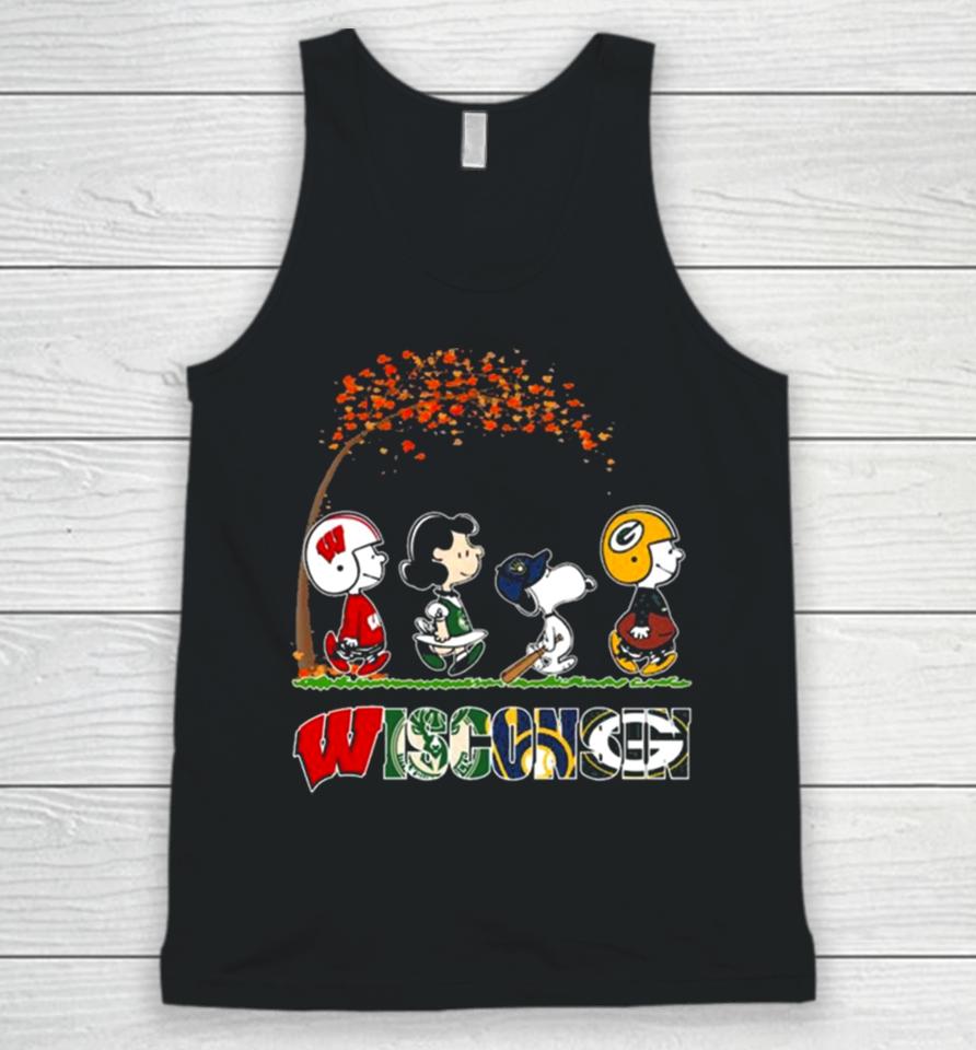 Snoopy Peanuts Loves Fall And Wisconsin Green Bay Packers Milwaukee Bucks Brewers Unisex Tank Top