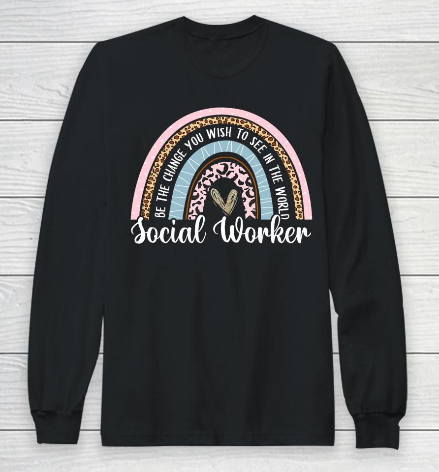 Social Worker Leopard Rainbow Funny Work Love Long Sleeve T-Shirt