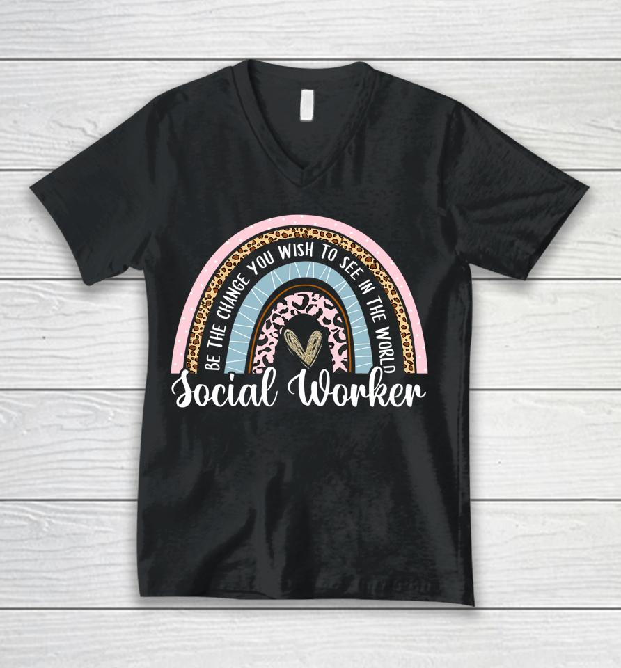 Social Worker Leopard Rainbow Funny Work Love Unisex V-Neck T-Shirt