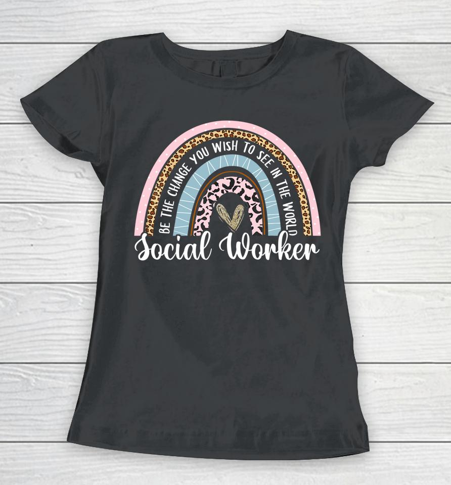 Social Worker Leopard Rainbow Funny Work Love Women T-Shirt