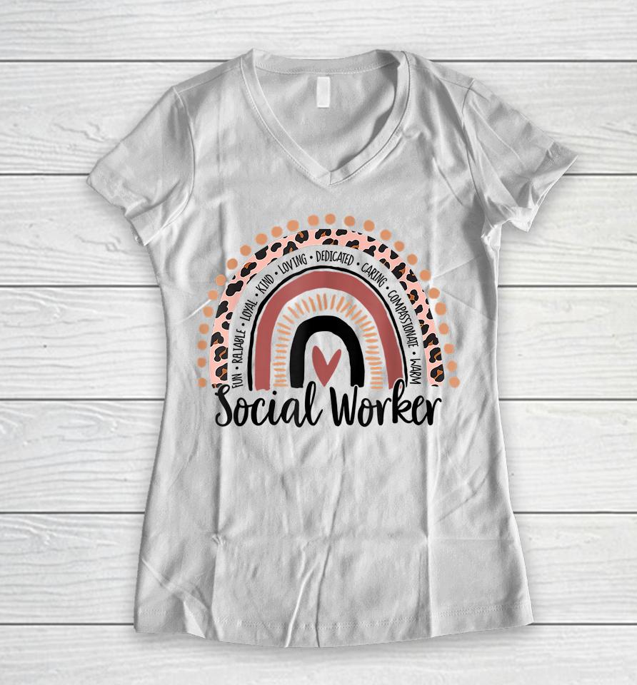 Social Worker Leopard Rainbow Social Work Christmas Pajama Women V-Neck T-Shirt