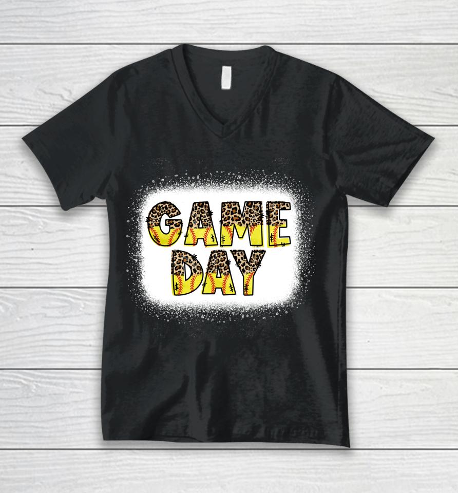 Softball And Baseball Game Day Mom Bleached Unisex V-Neck T-Shirt