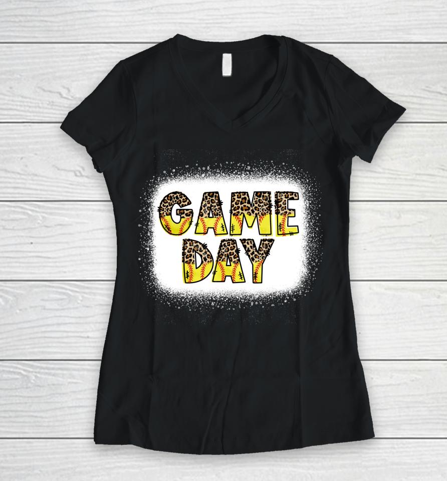 Softball And Baseball Game Day Mom Bleached Women V-Neck T-Shirt