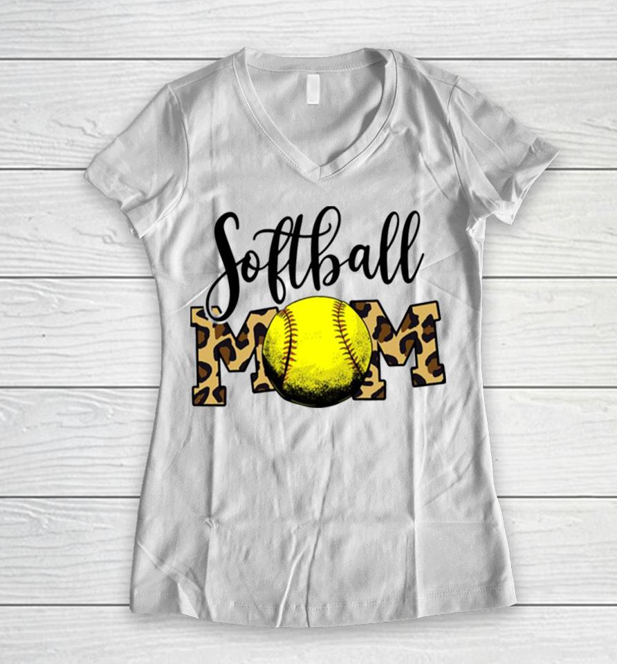 Softball Baseball Ball Mom Leopard Funny Mother’s Day Women V-Neck T-Shirt