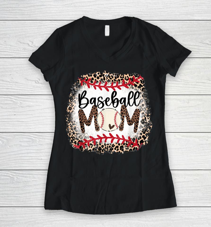 Softball Baseball Mama Leopard Teeball Mom Mother's Day Women V-Neck T-Shirt