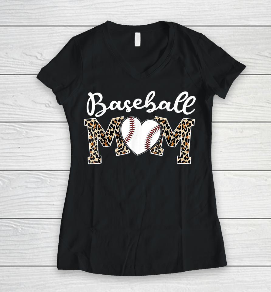 Softball Baseball Mom Leopard Tee Mother's Day Women V-Neck T-Shirt