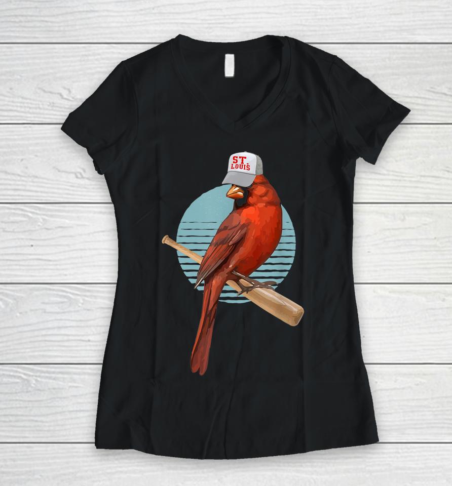 Softball Bird Pitcher Bird Watcher Retro Cardinal Women V-Neck T-Shirt