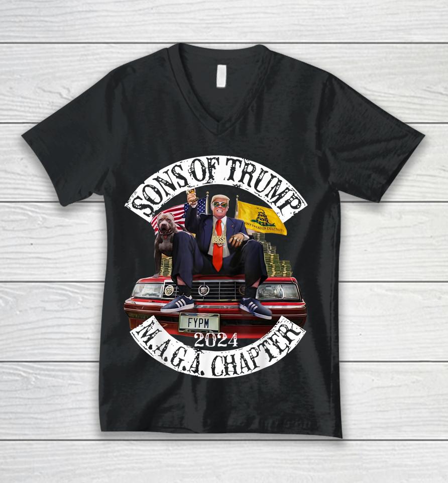 Sons Of Trump Maga Chapter 2024 With Pitbull Dog On Car Unisex V-Neck T-Shirt