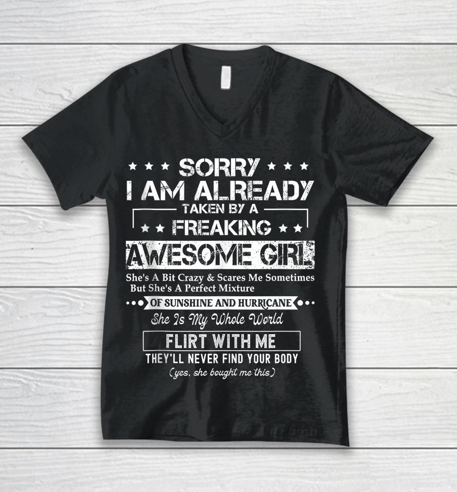 Sorry I'm Already Taken By A Freaking Awesome Girl Husband Unisex V-Neck T-Shirt