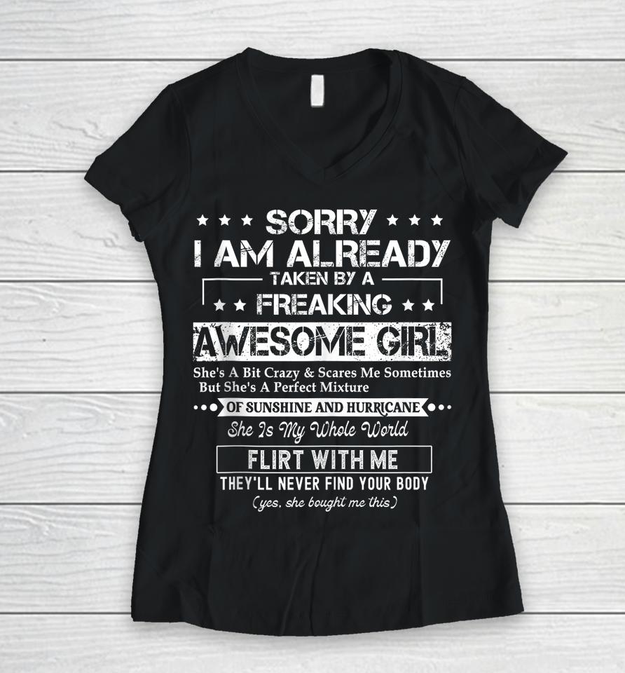 Sorry I'm Already Taken By A Freaking Awesome Girl Husband Women V-Neck T-Shirt