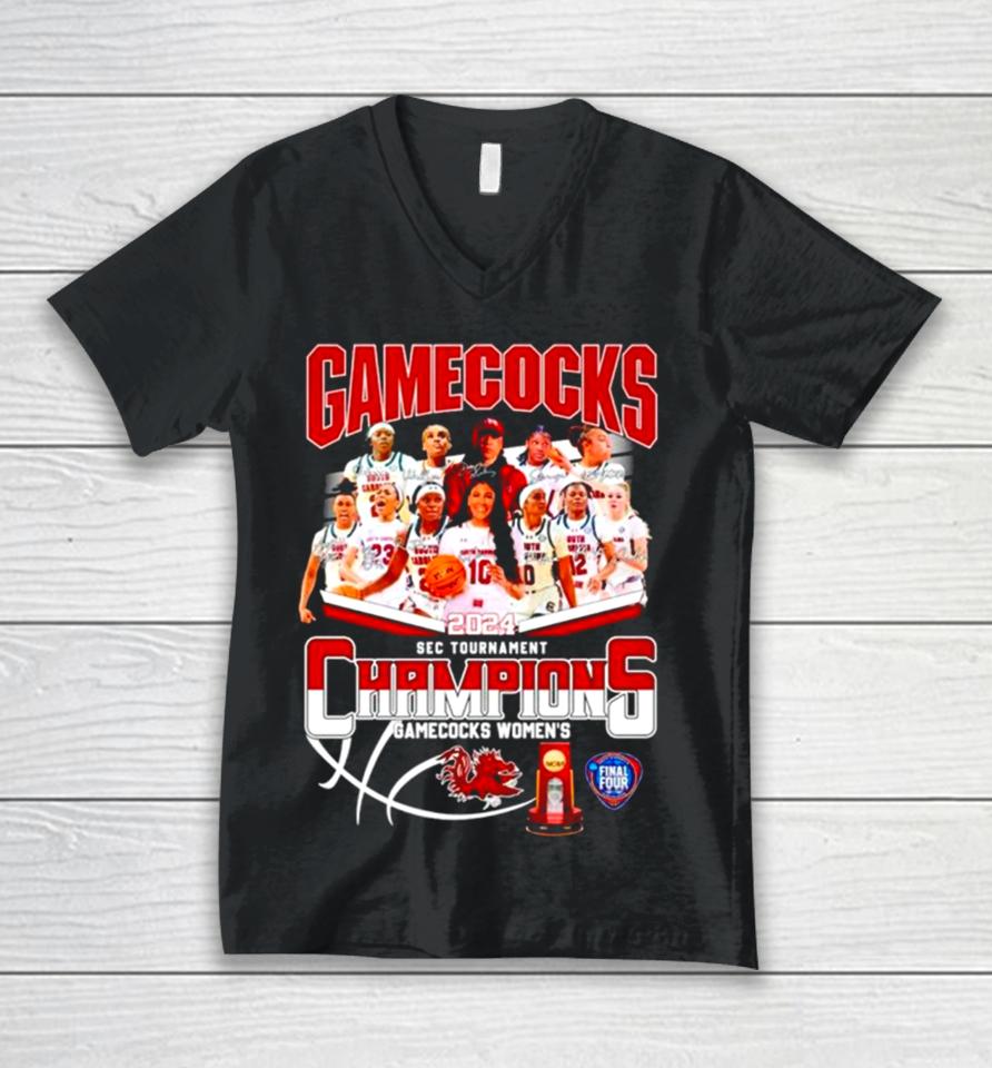 South Carolina Gamecocks Basketball 2024 Sec Tournament Champions Signatures Unisex V-Neck T-Shirt
