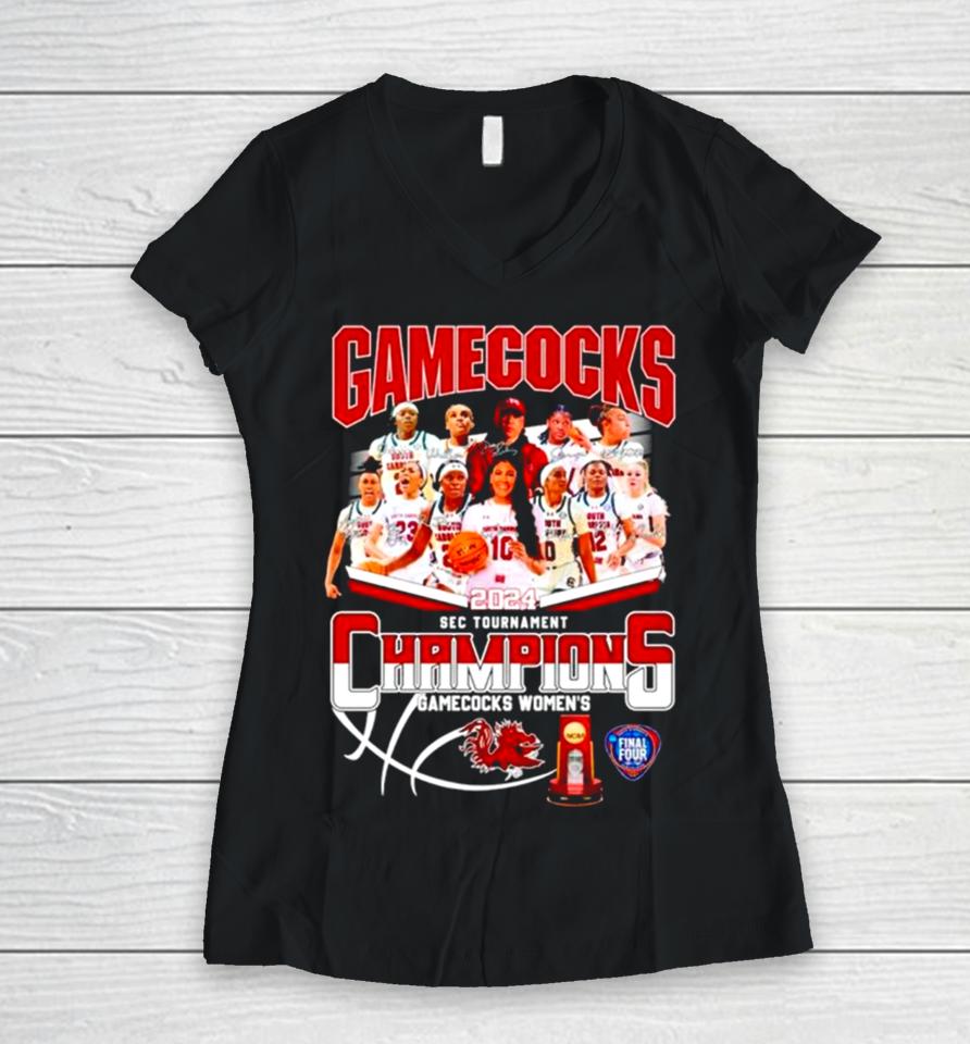 South Carolina Gamecocks Basketball 2024 Sec Tournament Champions Signatures Women V-Neck T-Shirt