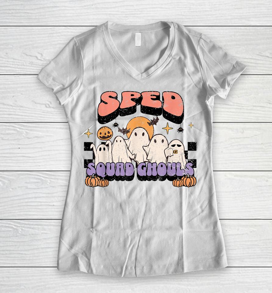 Sped Squad Ghoul Special Education Teacher Halloween Costume Women V-Neck T-Shirt