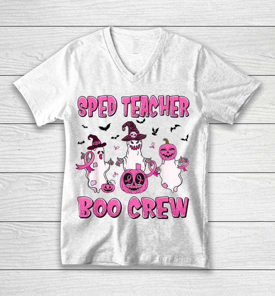 Sped Teacher Boo Crew Ghost Pumpkin Breast Cancer Halloween Unisex V-Neck T-Shirt