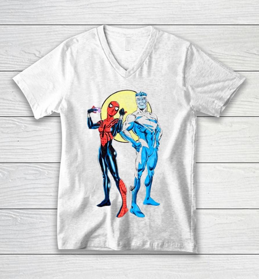 Spider Girl And Superman Blue Unisex V-Neck T-Shirt