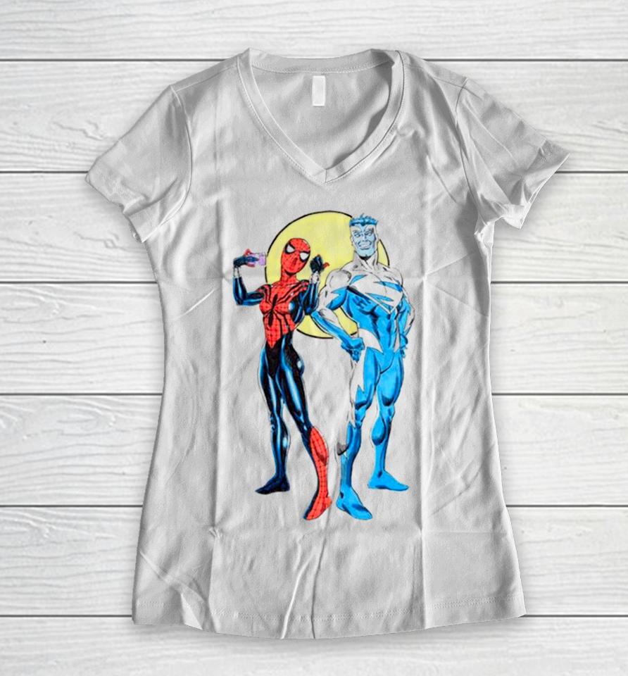 Spider Girl And Superman Blue Women V-Neck T-Shirt