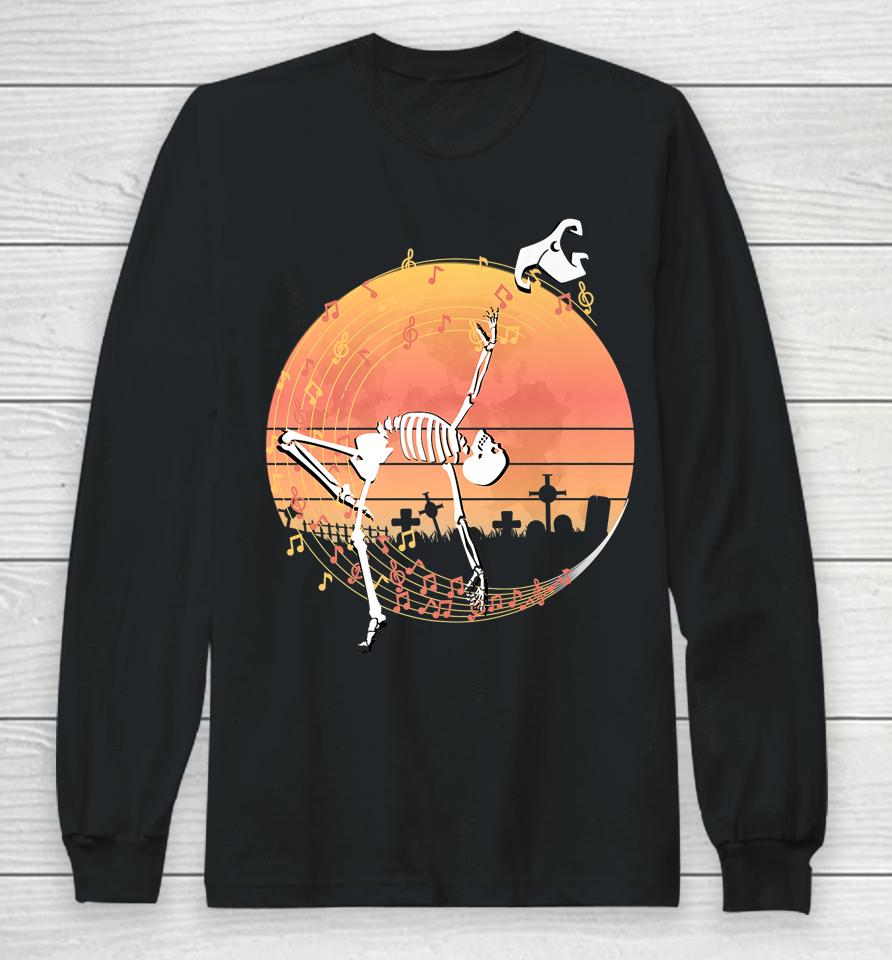 Spooky Dancing Witch Skeleton In A Graveyard Long Sleeve T-Shirt