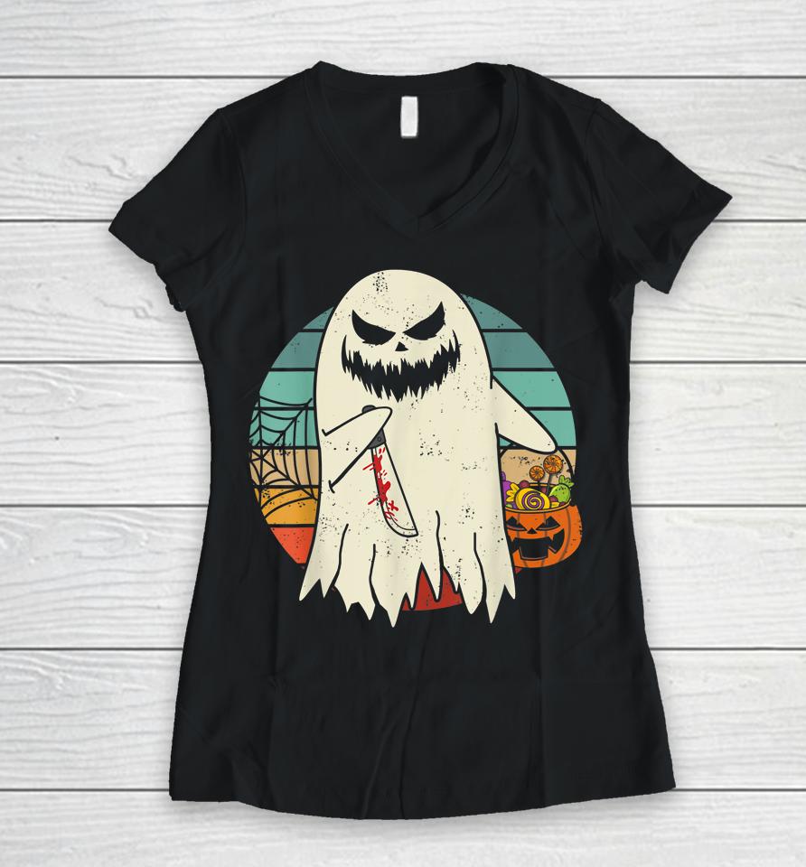 Spooky Ghost Retro Halloween Costume Women V-Neck T-Shirt