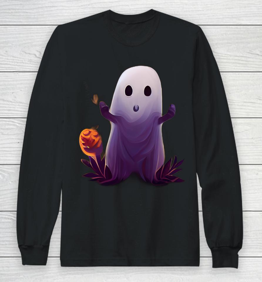 Spooky Ghost With Pumpkins Cute Halloween Long Sleeve T-Shirt