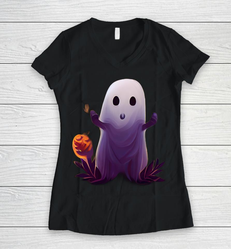 Spooky Ghost With Pumpkins Cute Halloween Women V-Neck T-Shirt