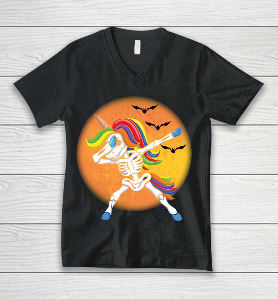 Spooky Halloween Dabbing Unicorn Skeleton Unisex V-Neck T-Shirt