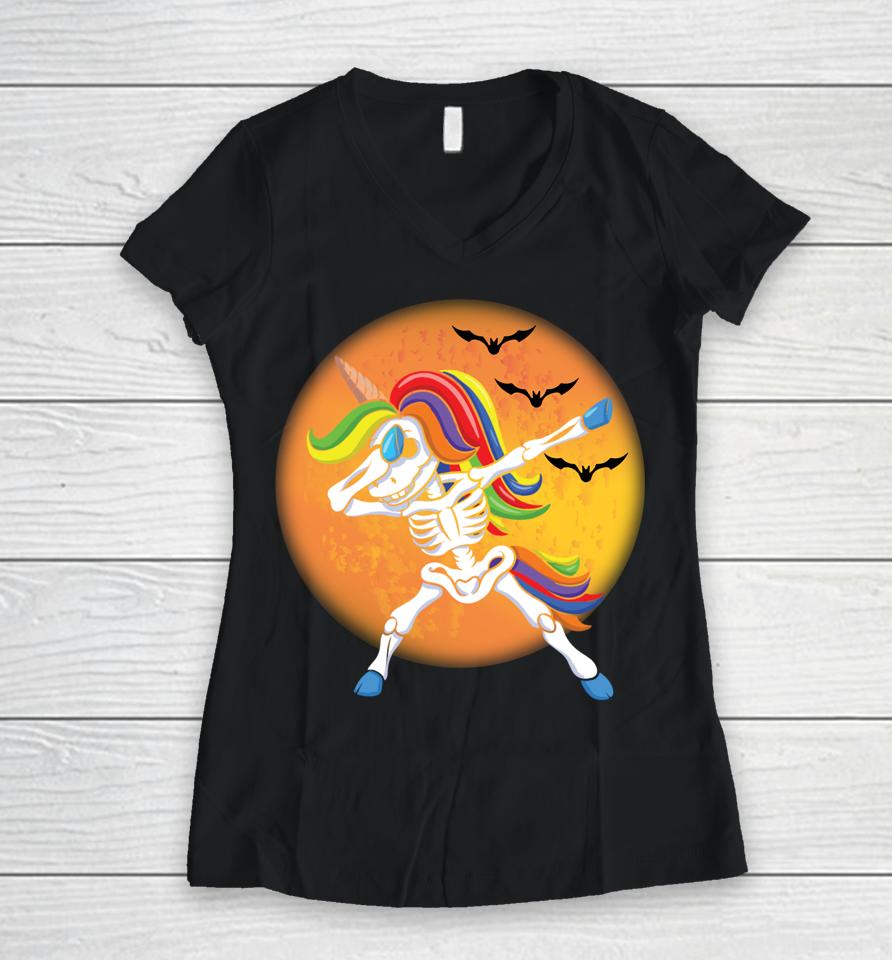 Spooky Halloween Dabbing Unicorn Skeleton Women V-Neck T-Shirt
