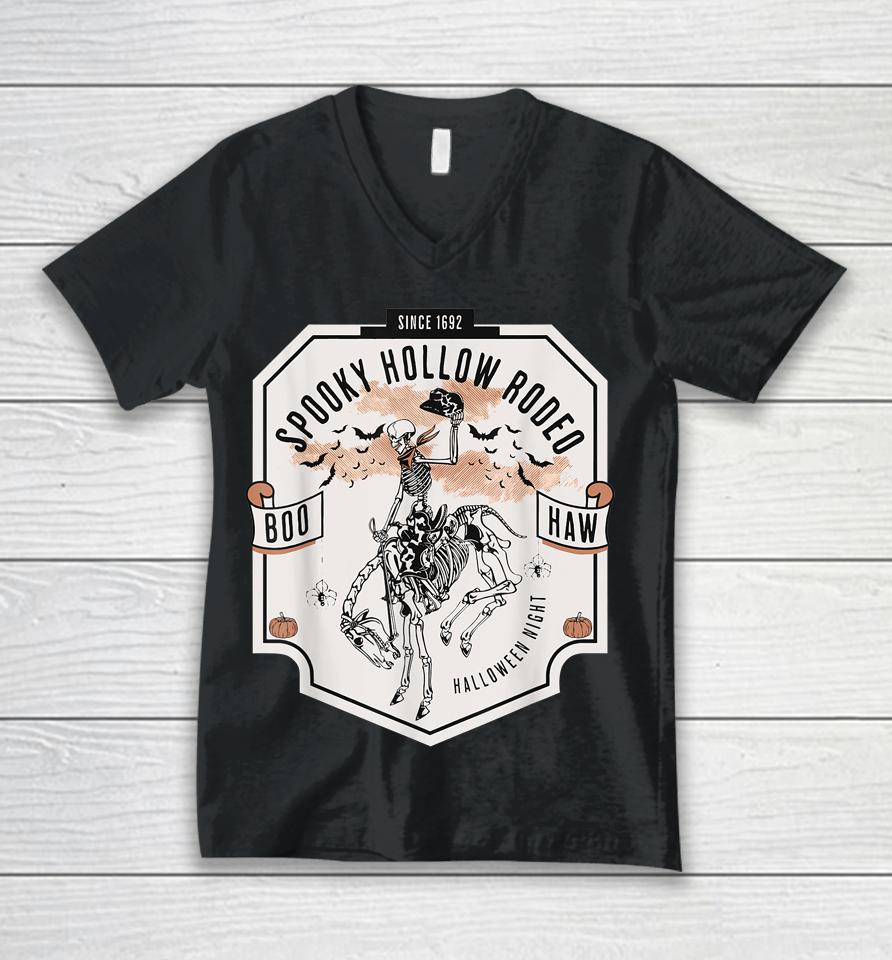 Spooky Hollow Rodeo Western Skeleton Cowboy Halloween Unisex V-Neck T-Shirt