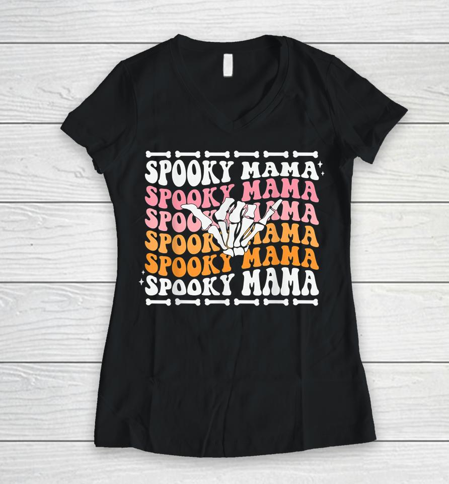 Spooky Mama Cute Retro Halloween Skeleton Party Women V-Neck T-Shirt