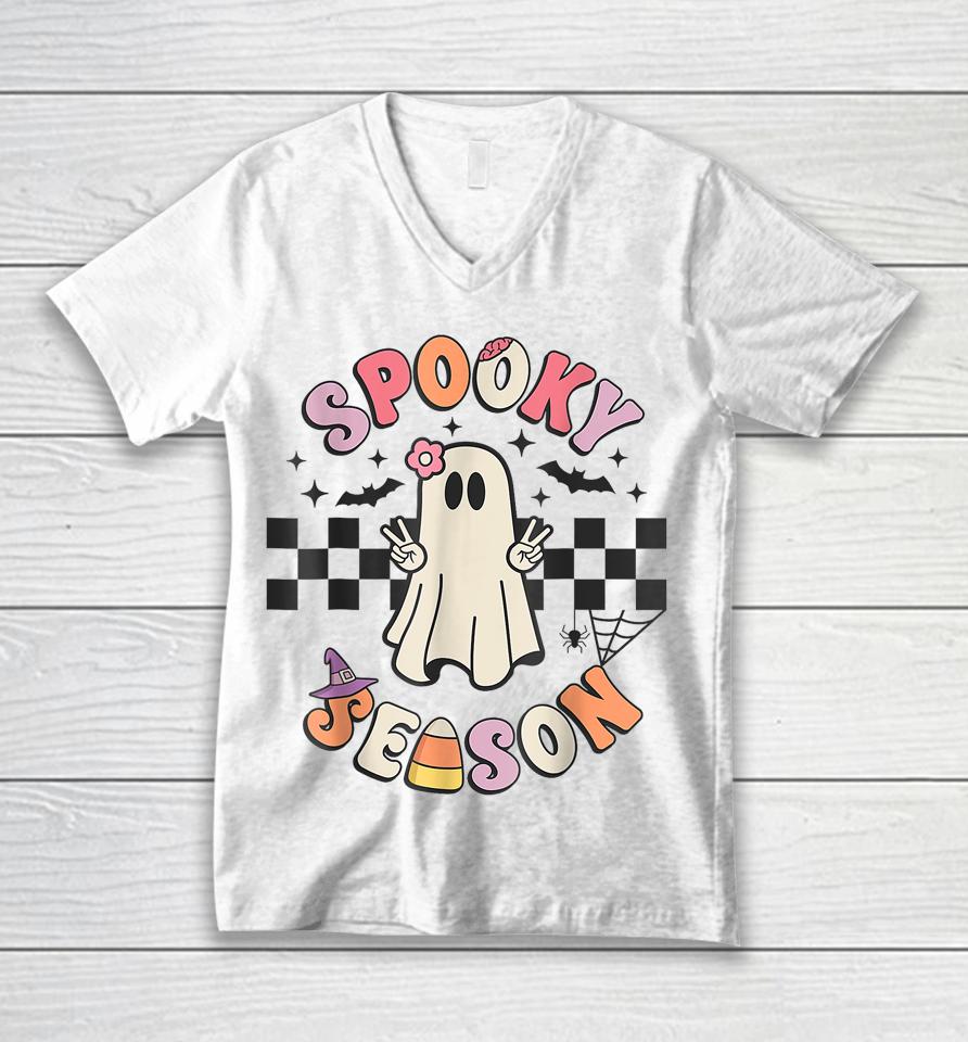 Spooky Season Retro Happy Halloween Ghost Unisex V-Neck T-Shirt