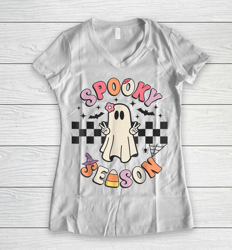 Spooky Season Retro Happy Halloween Ghost Women V-Neck T-Shirt