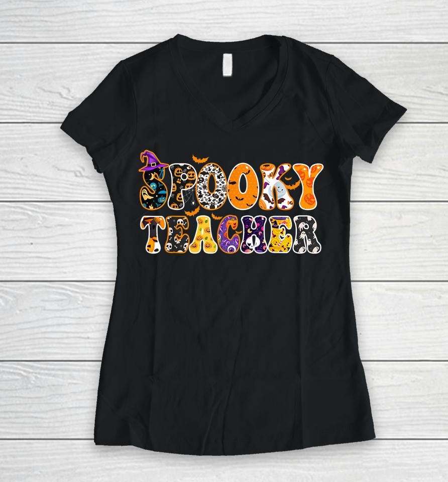 Spooky Teacher Funny Halloween Costume For Teachers Women V-Neck T-Shirt