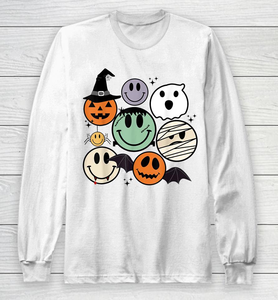 Spooky Witch Ghost Pumpkin Bat Funny Halloween Smile Face Long Sleeve T-Shirt