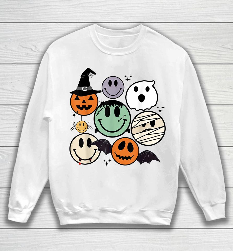 Spooky Witch Ghost Pumpkin Bat Funny Halloween Smile Face Sweatshirt