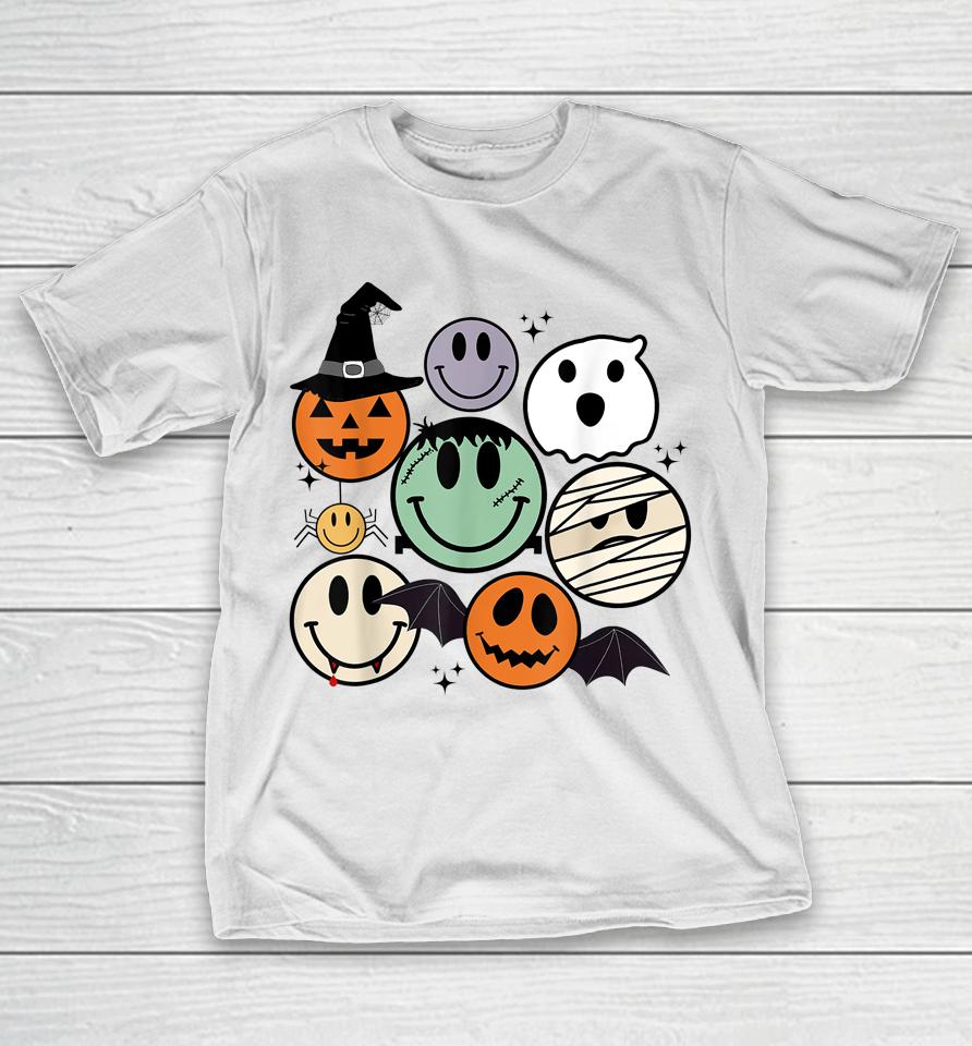 Spooky Witch Ghost Pumpkin Bat Funny Halloween Smile Face T-Shirt