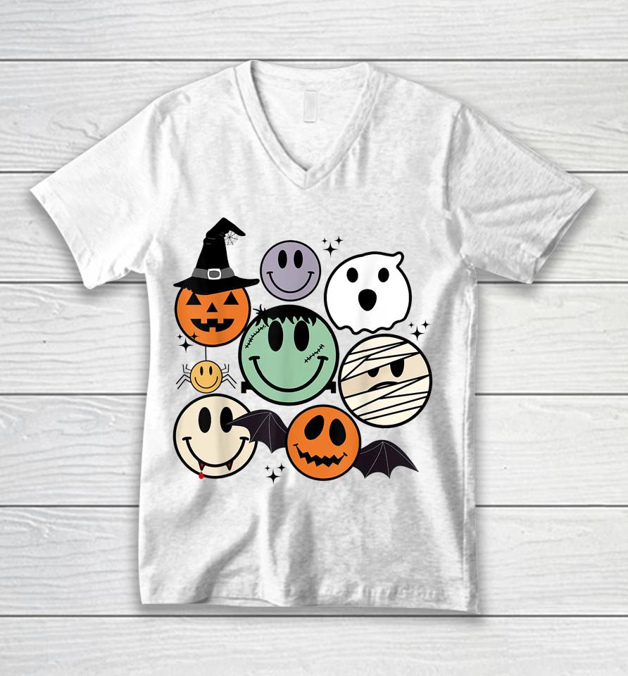 Spooky Witch Ghost Pumpkin Bat Funny Halloween Smile Face Unisex V-Neck T-Shirt