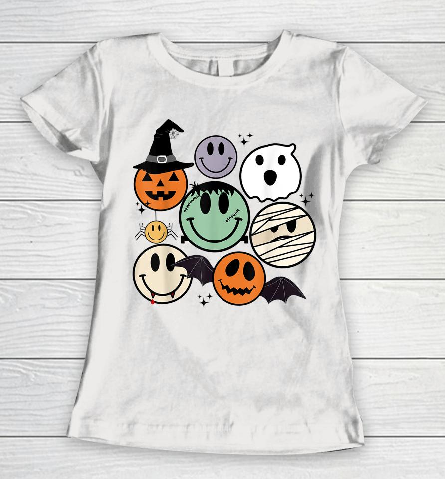 Spooky Witch Ghost Pumpkin Bat Funny Halloween Smile Face Women T-Shirt